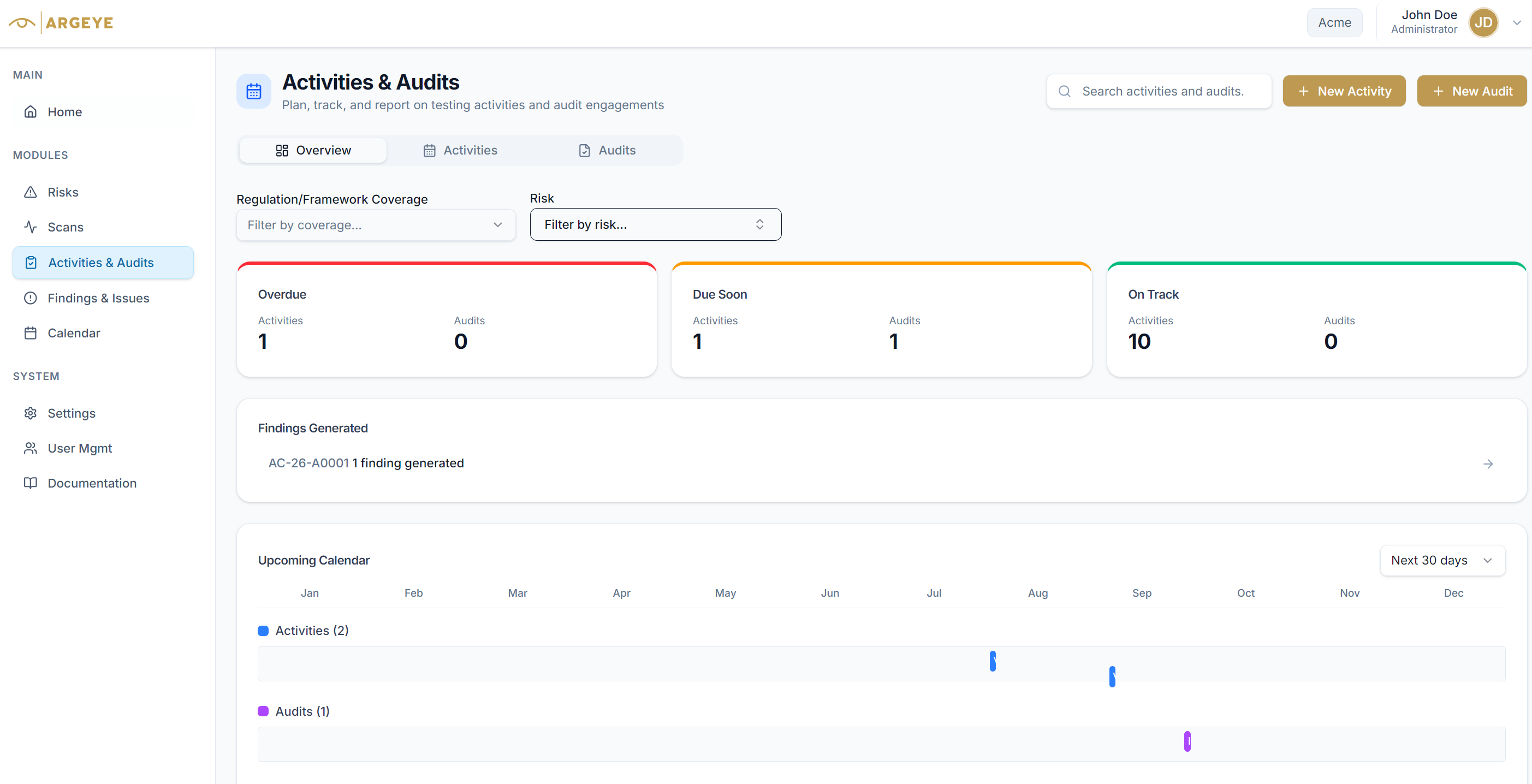 Argeye Activities & Audits overview showing overdue, due soon, and on-track counts plus an upcoming calendar