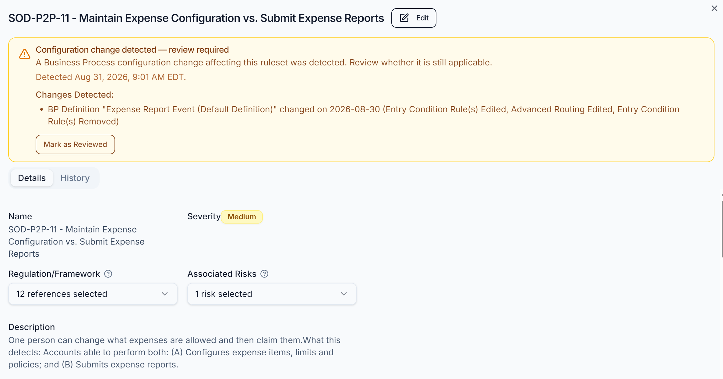 Argeye SoD ruleset flagged with a banner reading 'Configuration change detected — review required'