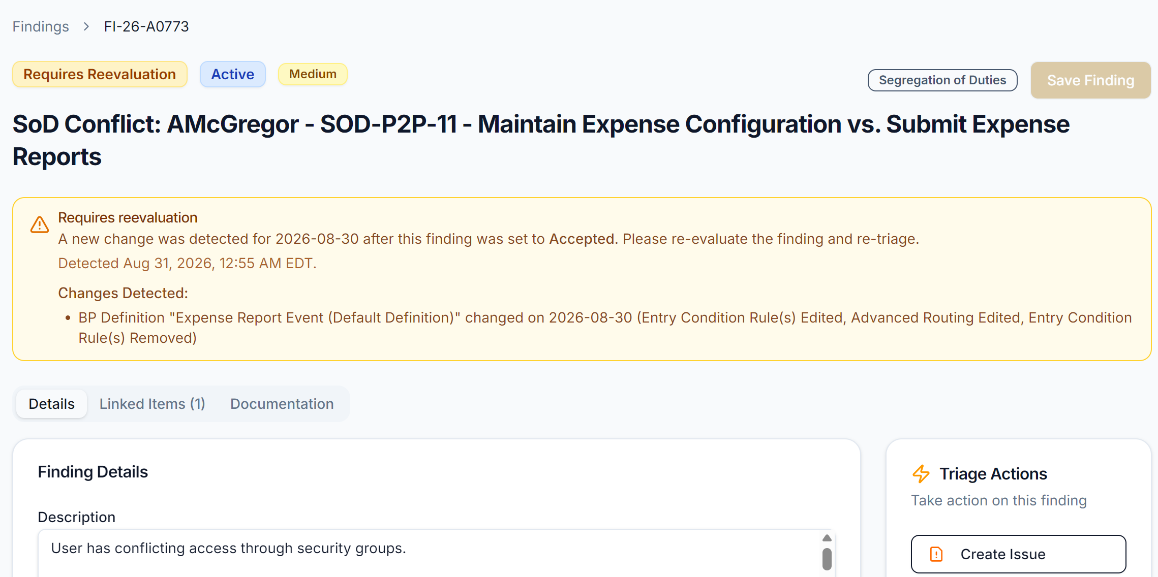 Argeye finding flagged 'Requires Reevaluation' after a related Business Process configuration change was detected, with a Create Issue action available