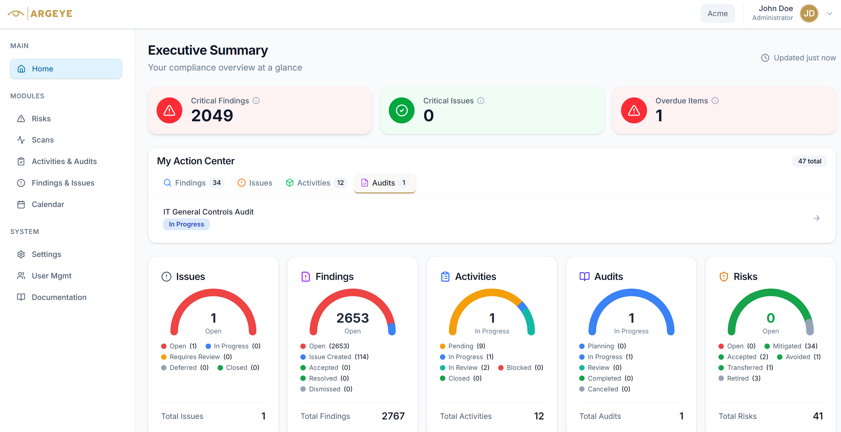Argeye executive summary dashboard showing critical findings, an action center, and per-module summaries for Issues, Findings, Activities, Audits, and Risks